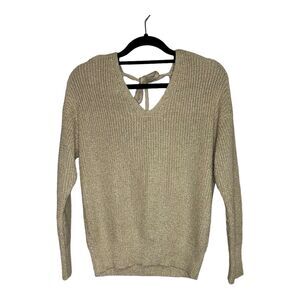 Loft Women's Tan Sparkle Long Sleeve Sweater V Neck Size Small with Bow Back